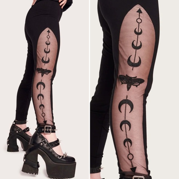 Midnight Hour Pants - NWT NEW MIDNIGHT HOUR BLACK MOON PHASE MESH CUT OUT EMBROIDERED LEGGING SMALL
